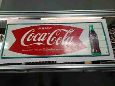 1966 Vintage COCA COLA Old Fishtail Logo & Bottle 32x12" Tin Sign Coke