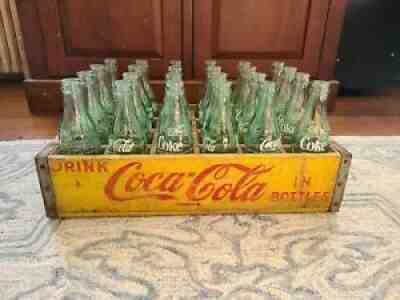 Vtg Yellow Coca Cola Wooden 24 Bottle Crate + 22 green Bottles - diff. states