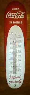 Rare C. 1950 COKE Coca Cola 30" Metal Cigar Thermometer Sign "Refresh Yourself"
