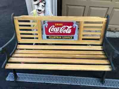 COCA COLA FOUNTAIN SERVICE CAST IRON BENCH w/SIGN ,Oak Slates LOCAL PICKUP ONLY