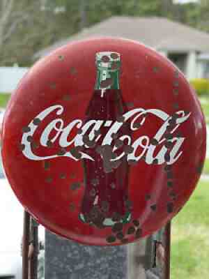 Coca Cola 24 Inch PORCELAIN Red Button Sign with Coke Bottle for Wall Hanging.