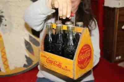 Vintage 1940s Coca Cola Soda Pop 6 Bottle Carrier Wood Caddy Sign W/Full Bottles