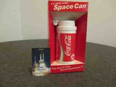 NIB 1985 US SPACE CAMP COCA COLA COKE "SPACE CAN" + MSFC SHUTTLE DIRECTOR BADGE