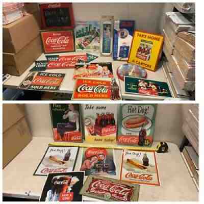 Lot Of 21 Vintage Style Tin Coca Cola Cole Signs Man Cave Pepsi More