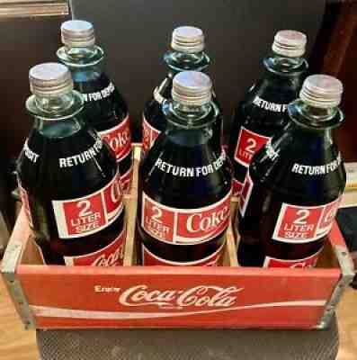 VINTAGE 2 LITER COKE COCA-COLA BOTTLE FULL & SEALED 1970's ERA 67.6 oz CASE of 6