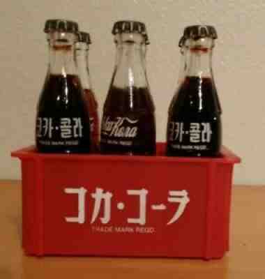 Miniature Korea Japan Russia Coca Cola Filled Glass Bottles + Japan Coke Caddy