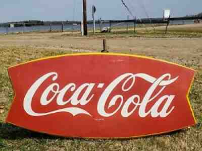 VTG 1964 COCA COLA COKE DIE CUT SINGLE SIDED TIN PAINTED METAL FISHTAIL SIGN 42"