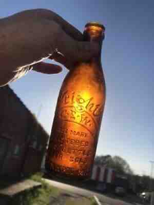 ANTIQUE NICE GREENWOOD MISS. AMBER STRAIGHT SIDE SCRIPT COCA COLA SODA BOTTLE