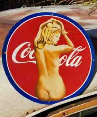 COCA COLA COKE PORCELAIN SIGN SODA POP FOUNTAIN DRINK BLONDE PIN BUTT NAKED NUDE