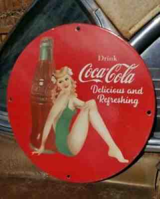 HEAVY COCA COLA COKE PORCELAIN SIGN SODA POP SOFT REDHEAD PIN UP SWIMSUIT BOTTLE