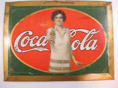Coca-Cola 1927 Tin Deco Sign Rare Woman Offering Coke Original Antique Authentic