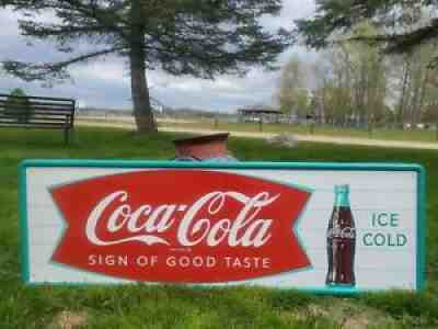 VTG 1961 COCA COLA COKE FISHTAIL HORIZONTAL SINGLE SIDED TIN METAL SIGN 18 X 54"