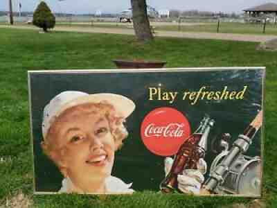 VTG 1950 COCA COLA PLAY REFRESHED GIRL FISHING CARDBOARD LITHOGRAPH SIGN 20 X 36
