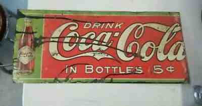 Vintage 1908 Coca Cola Tin Tacker Sign 27" x 12" Rare Coke Straight Side Bottle