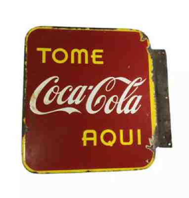 1945 Porcelain Spanish Coca Cola Flange Sign w/ Straightened Flange (17 x19 )