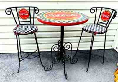 VINTAGE COCA-COLA WROUGHT IRON PATIO/BAR TABLE & STOOLS