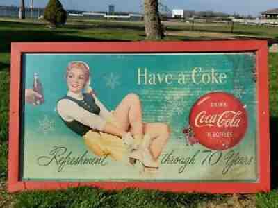 RARE VTG 1953 COCA COLA WINTER CHRISTMAS ELF CARDBOARD LITHOGRAPH SIGN 20" X 36"