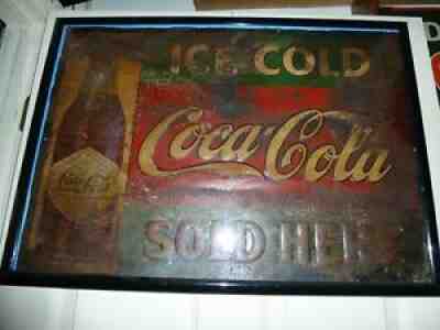 c.1914 Rare "ICE COLD SOLD HERE " Coca Cola S S "PAPER LABEL" Bottle soda Sign
