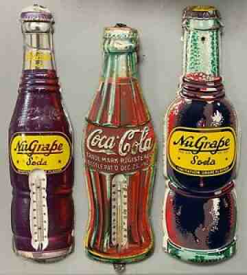 LOT of (3) Vintage Metal Soda Bottle Thermometer w/ Coca-Cola & NuGrape