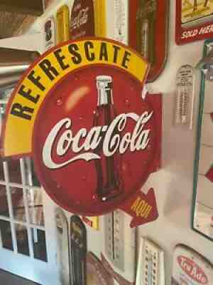 VINTAGE Spanish COCA COLA Flange Metal Sign AQUI Round DOUBLE SIDED