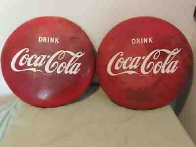 X2 VINTAGE 16" Drink COCA COLA BUTTON SIGN Lot X2 1950â??s?