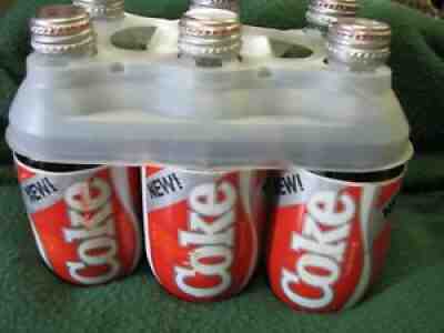 1980's Coca Cola 6 Pack Coke Glass Bottles W/Foam Labels 10 Ounce FULL & UNOPEN