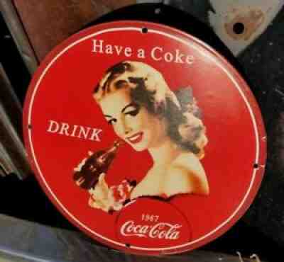 1967 COCA COLA COKE PORCELAIN SIGN SODA POP BOTTLE ICE PEPSI BLONDE PIN 7 UP MAN