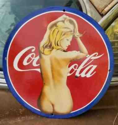 COCA COLA COKE PORCELAIN SIGN SODA POP FOUNTAIN DRINK BLONDE PIN BUTT NAKED NUDE