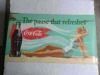 Vintage Coca-Cola Cardboard  Sign PosterÂ Lady Advertising RARE 1957 Litho 36"x20"