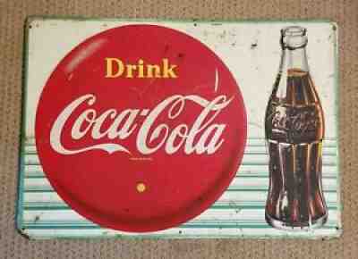 Vintage Original Embossed Tin COCA COLA Button & Bottle Sign Circa 1959 Nice