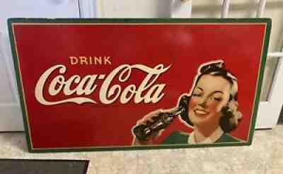 LARGE ORIGINAL VINTAGE 1940â??s COCA COLA MASONITE SIGN COKE ADVERTISING LADY