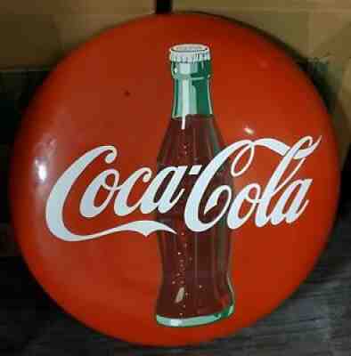 STUNNING VINTAGE 1950'S PORCELAIN 36" COCA COLA BUTTON SIGN WOW!