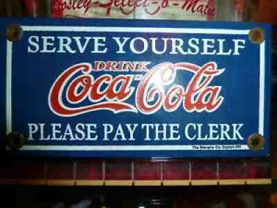 c.1930 Rare SERVE YOURSELF Coca Cola porcelain PLEASE PAY THE CLERK Soda Sign