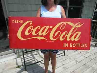 VINTAGE ORIGINAL 1954 DRINK COCA COLA IN BOTTLES PORCELAIN SLED SIGN 44'' x 16''