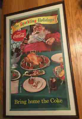 1956 Coca Cola "For Sparkling Holidays" Santa Sundblom Litho Cardboard Sign