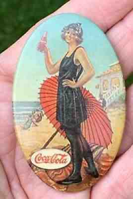 Rare vintage 1900s Coca Cola Coke celluloid advertising pocket mirror-girl beach