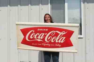 Large Vintage 1962 Coca Cola Fishtail Soda Pop 50" Embossed Metal Sign