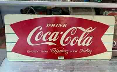vintage 1963 coca-cola fishtail metal sign 39.5" x 17"