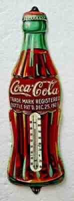 Original COCA COLA Embossed Tin Sign CHRISTMAS BOTTLE 1923 Thermometer RARE!