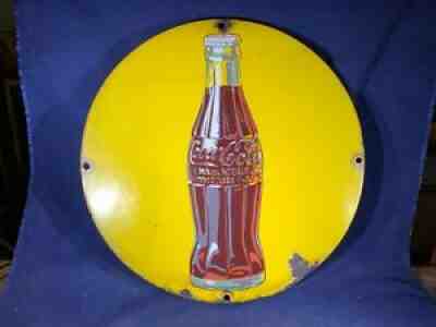 H5-20 COCA-COLA 15.75â? VINTAGE PORCELAIN SIGN -EXTREMELY RARE YELLOW - FANTASTIC