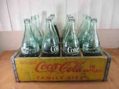 Vtg 1960s Wood Drink Coca Cola Yellow Crate Family Size w/ 12x 26oz Glass Bottle