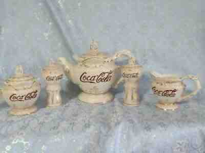 1998 Coca Cola Tea Pot, Cream, Sugar, Salt and Pepper Soda Shop Style