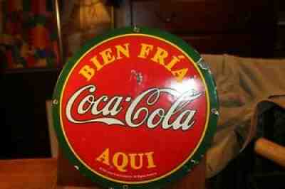 Spanish Porcelain Coca Cola Coke 14" Round Sign Bien Fria Aqui Rare