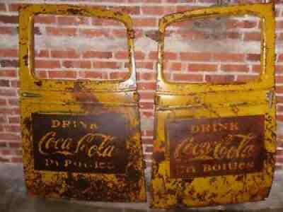 Very Rare Two Vintage Coca-Cola Yellow Truck Doors Sign Advertisement
