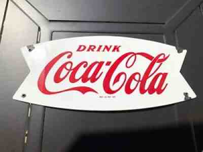 Used Drink Coca-Cola Soda Outdoor Porcelain Fishtail Logo Sales Rack Ad Sign