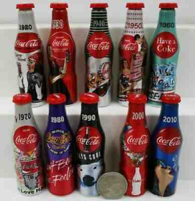 *Set of 10 Miniature 3" 100th Anniversary aluminum Coca Cola Bottles Mini