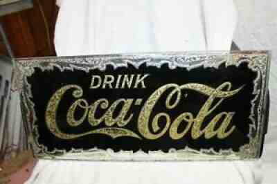 VTAGE PRE 1932 COCA COLA REVERSED PAINTED MIRROR SIGN 22" X 10" SILVER AND GOLD