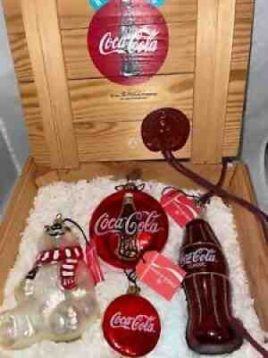 1996 Coca-Cola Coke 4 Pc. Polonaise Glass Christmas Ornament Set -NRFP
