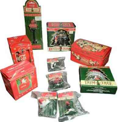 Lot of 10 Vintage Coca Cola Coke Bottling Works Christmas Ornaments Elves Tin