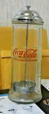 Tablecraft Coca-Cola Heavy Glass Straw Holder Dispenser Canister Chrome Lid